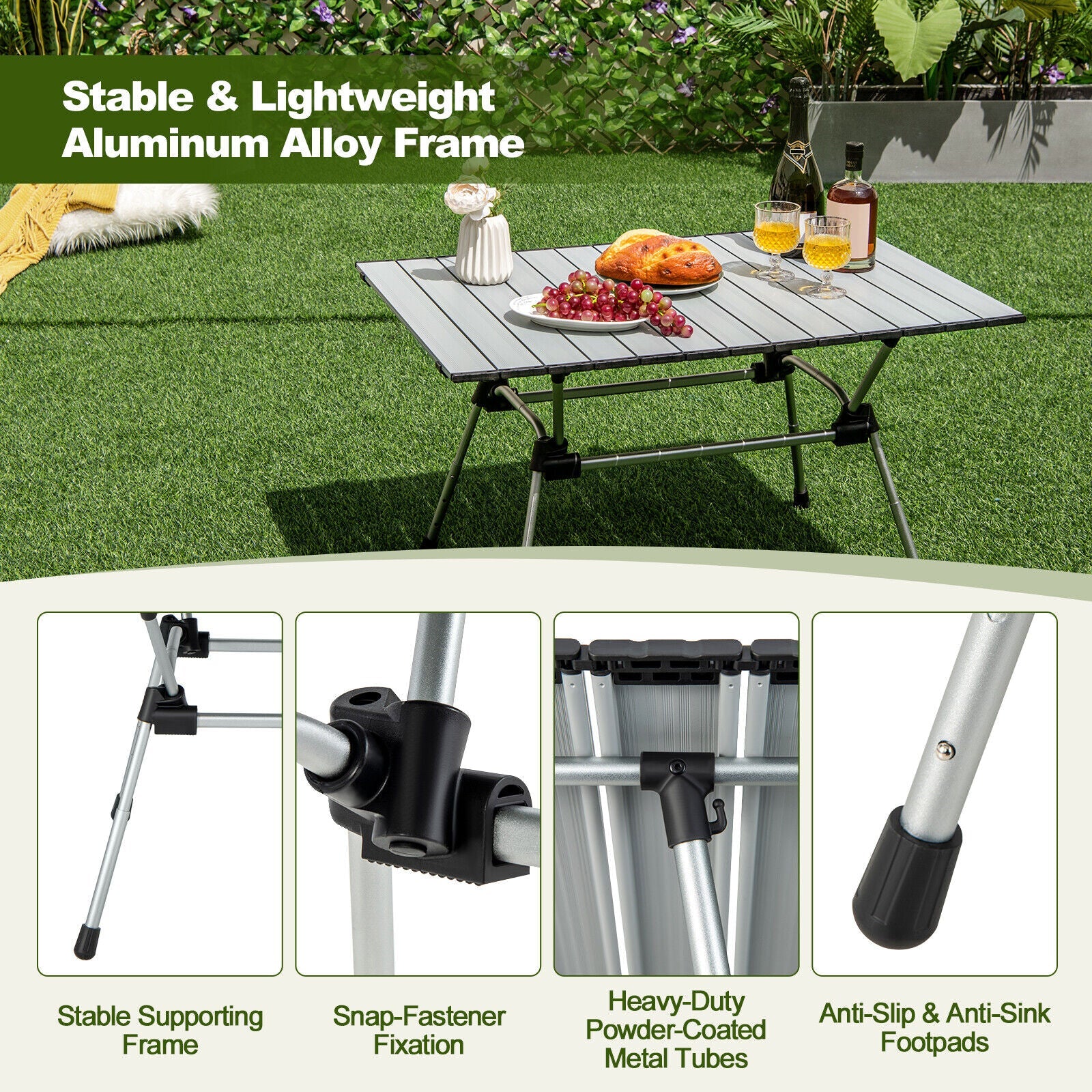 Folding Heavy-Duty Aluminum Camping Table with Carrying Bag-Silver