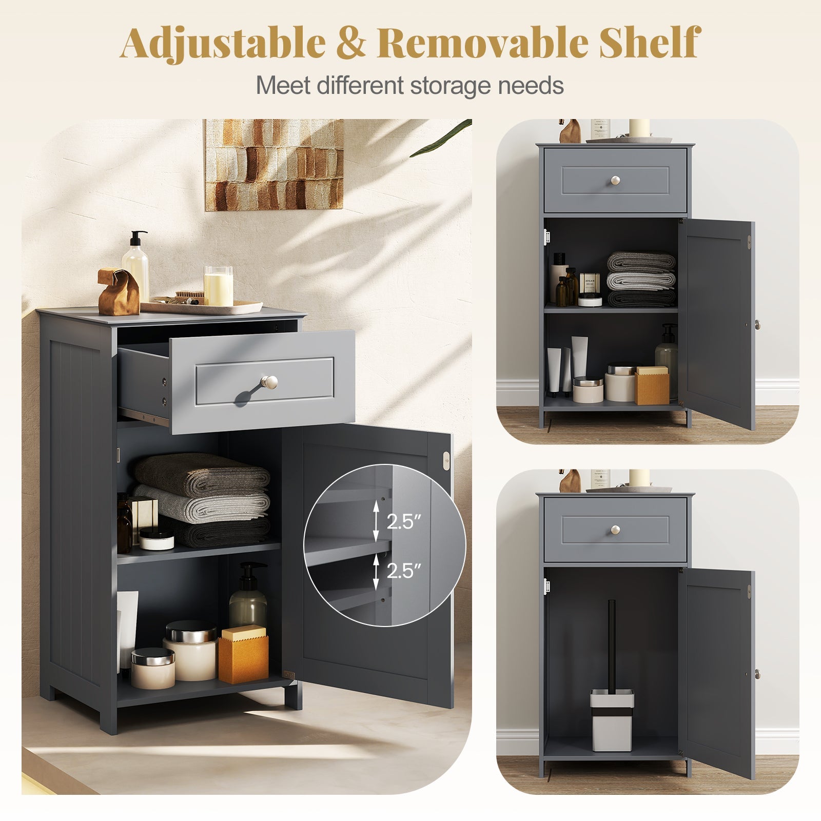 Single Door Bathroom Cabinet with Adjustable Shelf and Drawer-Gray
