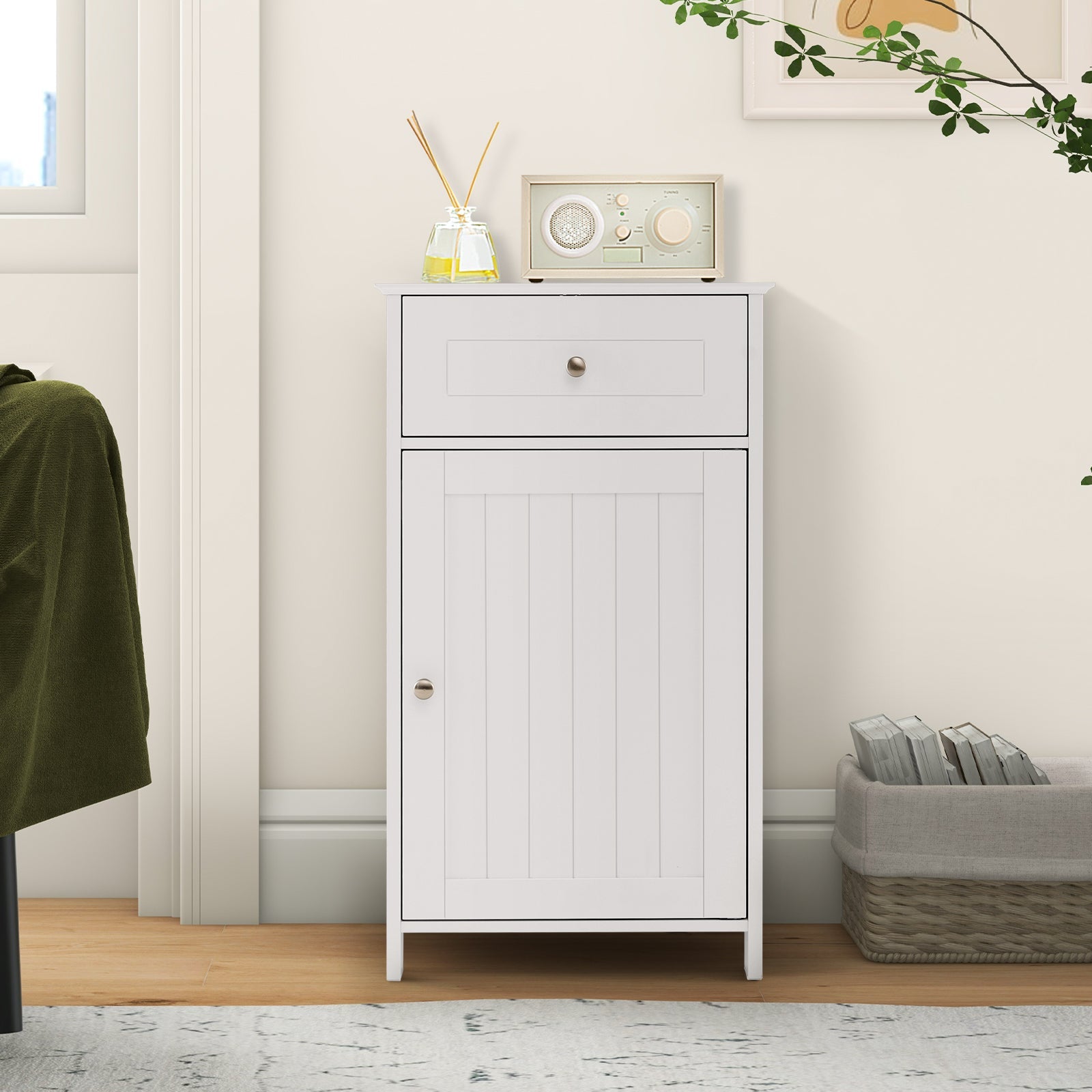 Single Door Bathroom Cabinet with Adjustable Shelf and Drawer-White