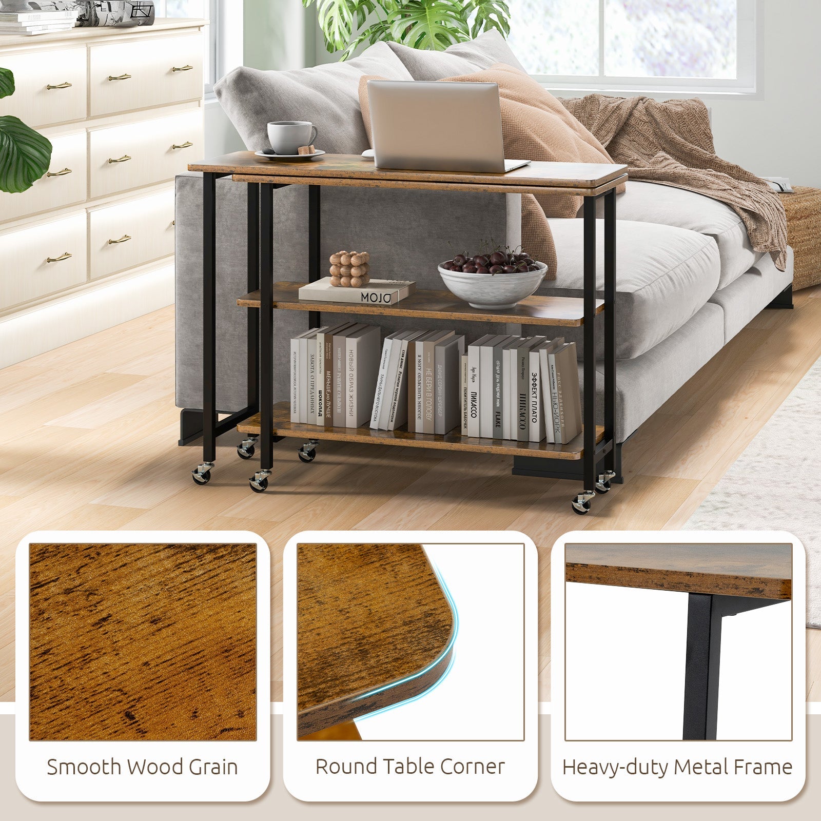360° Rotating Sofa Side Table with 2-Tier Storage Shelves-Brown