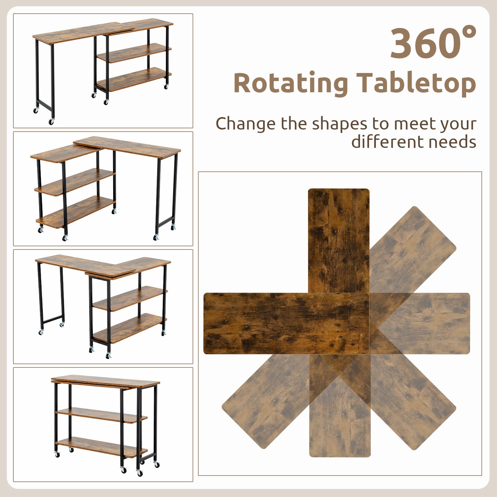 360° Rotating Sofa Side Table with 2-Tier Storage Shelves-Brown