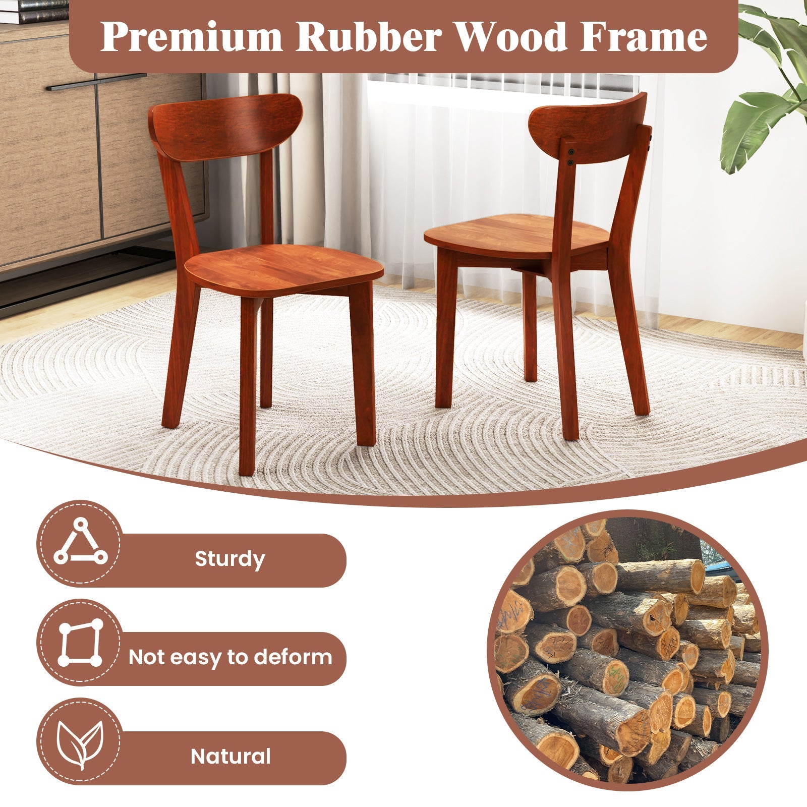 Solid Wood Dining Chair Set of 2 with Curved Backrest and Rubber Wood Frame-Espresso