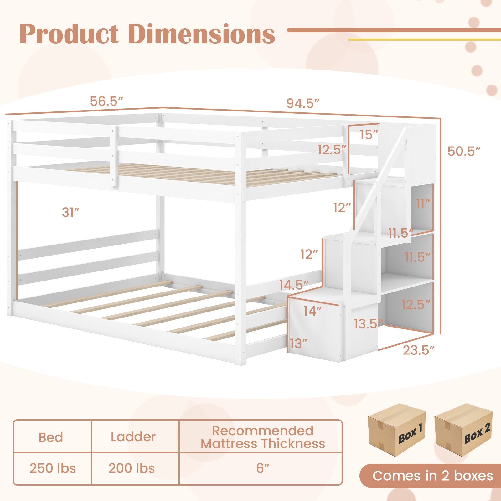 Solid Wood Full Over Full Low Bunk Bed with Storage Stairs-White