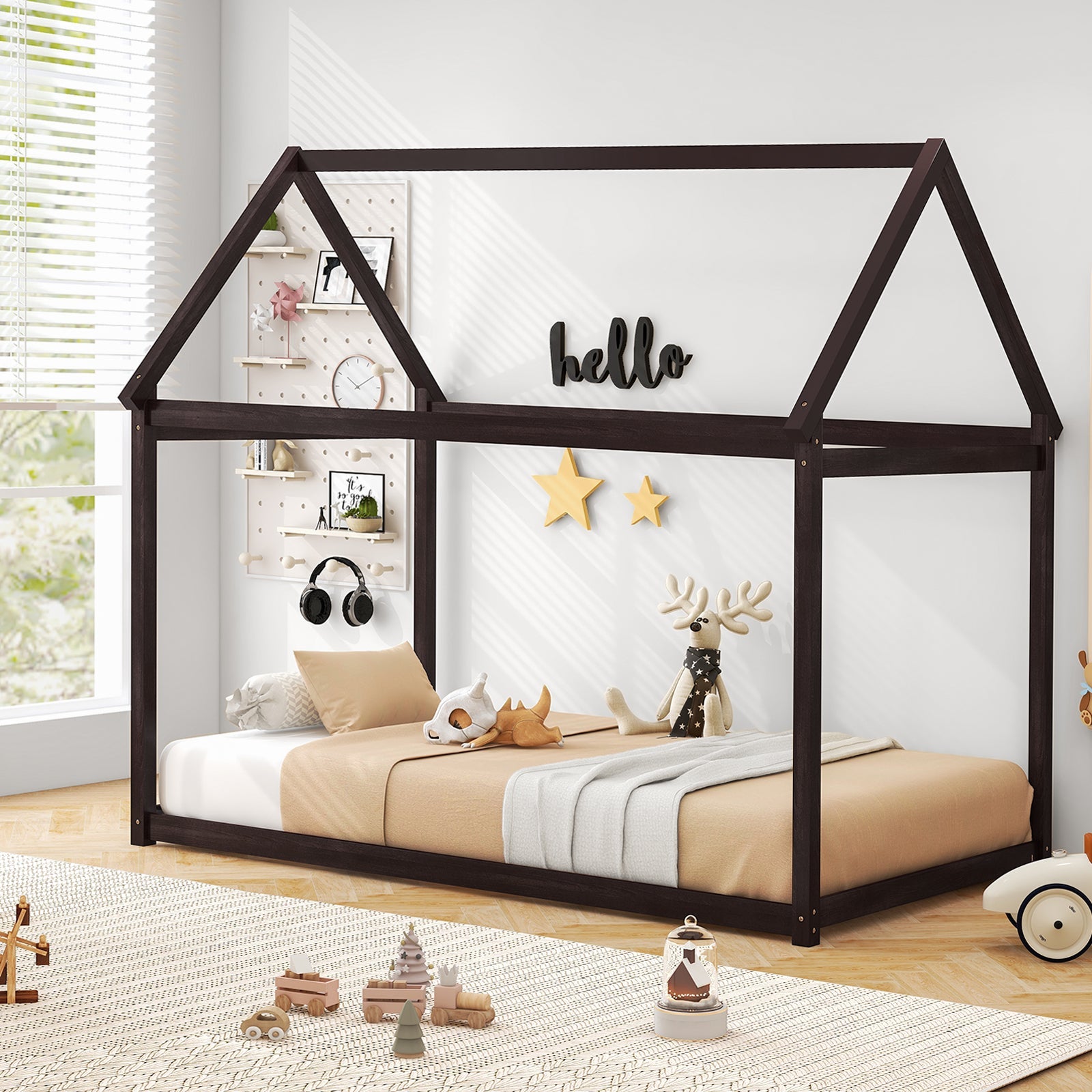 Stable Kids Platform Floor Bed with Roof and Heavy-Duty Slats-Espresso