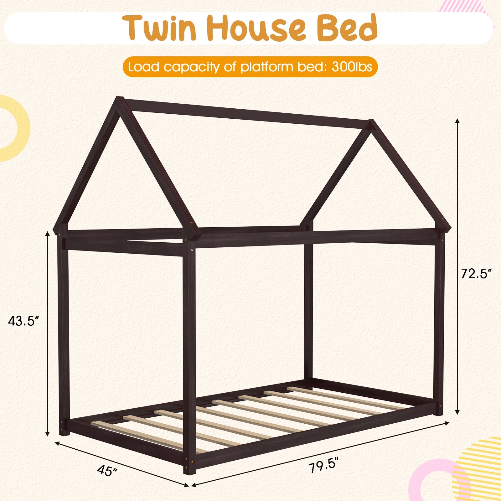 Stable Kids Platform Floor Bed with Roof and Heavy-Duty Slats-Espresso