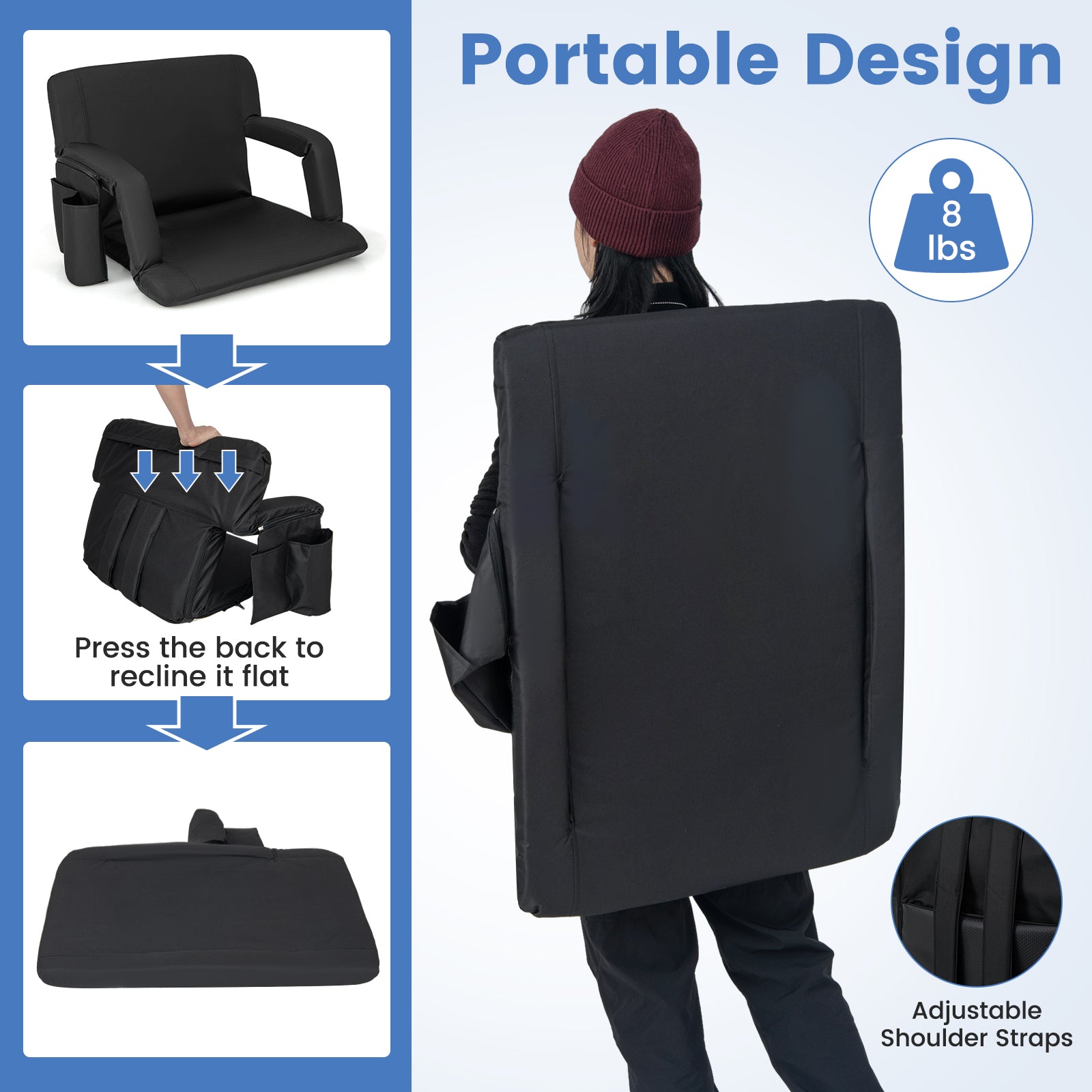 Stadium Seat for Bleachers with Back Support 6 Adjustable Positions-Black