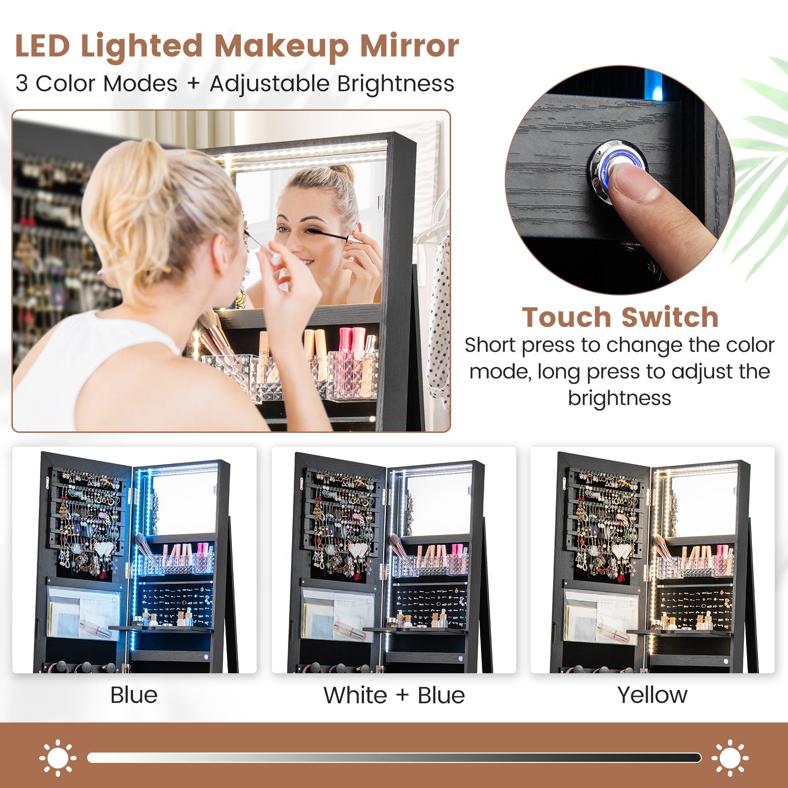 Standing Jewelry Cabinet with Adjustable LED Lights-Black