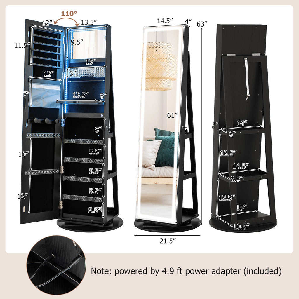 Standing Jewelry Cabinet with Adjustable LED Lights-Black