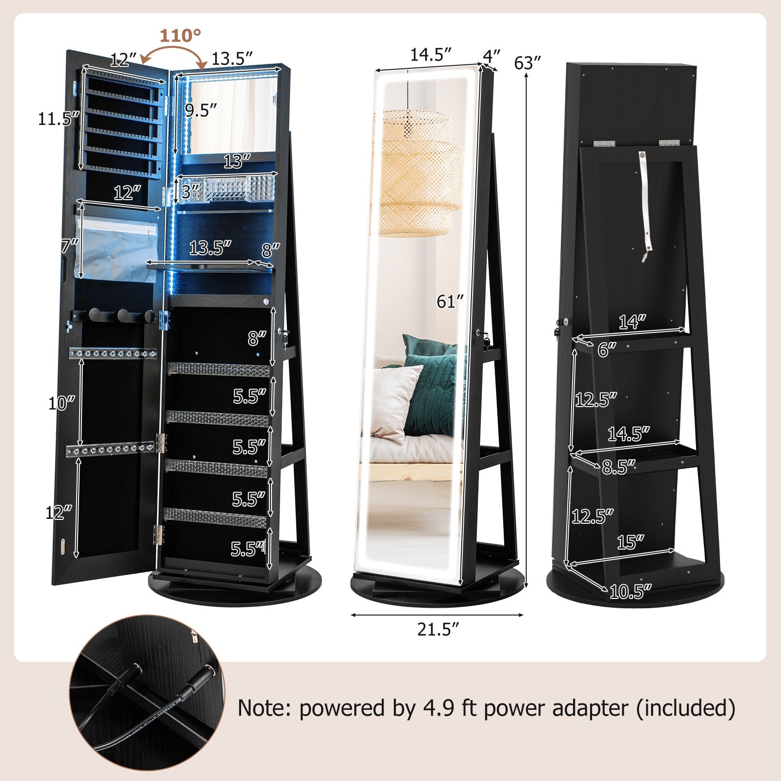 Standing Jewelry Cabinet with Adjustable LED Lights-Black