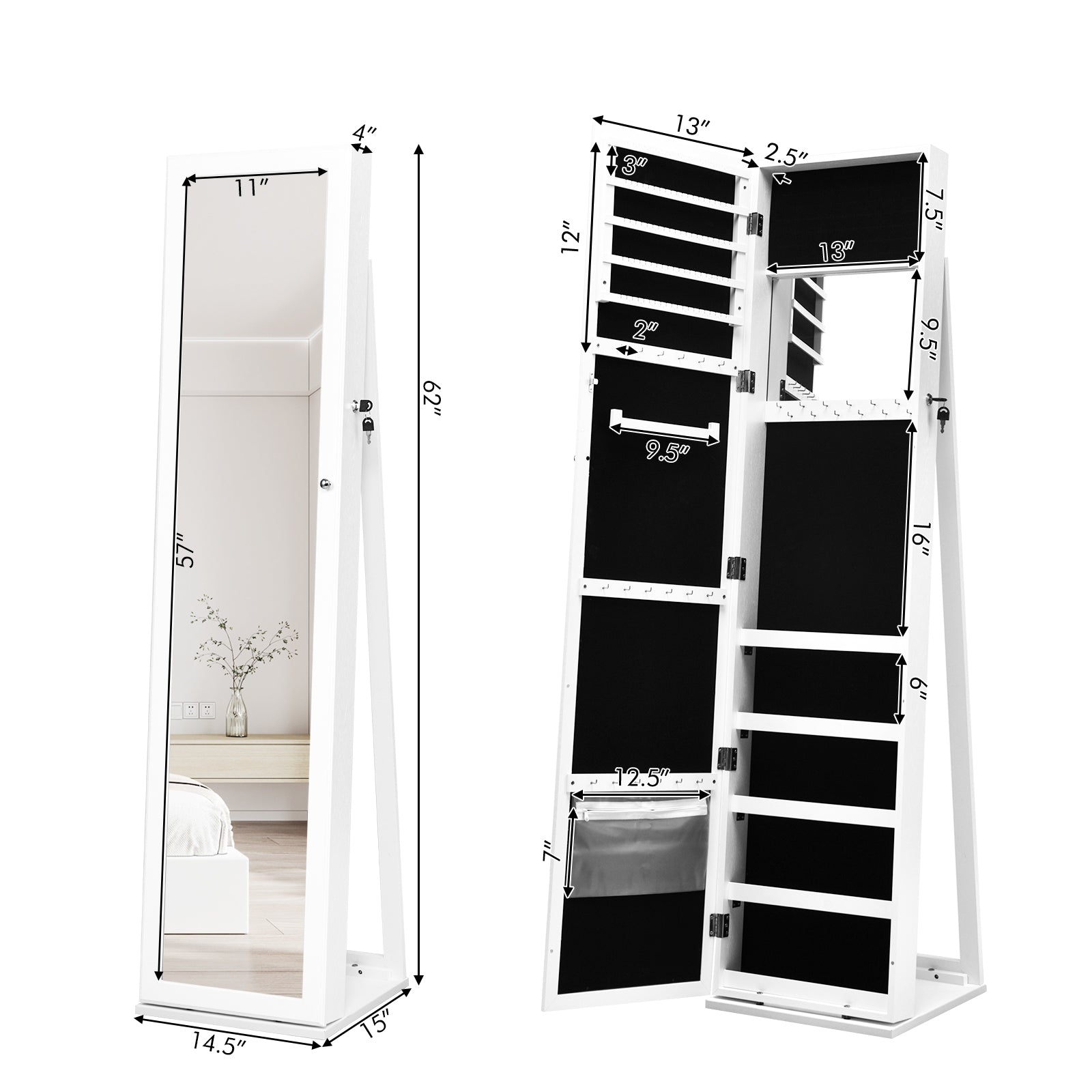 Standing Lockable Jewelry Storage Organizer with Full-Length Mirror-White