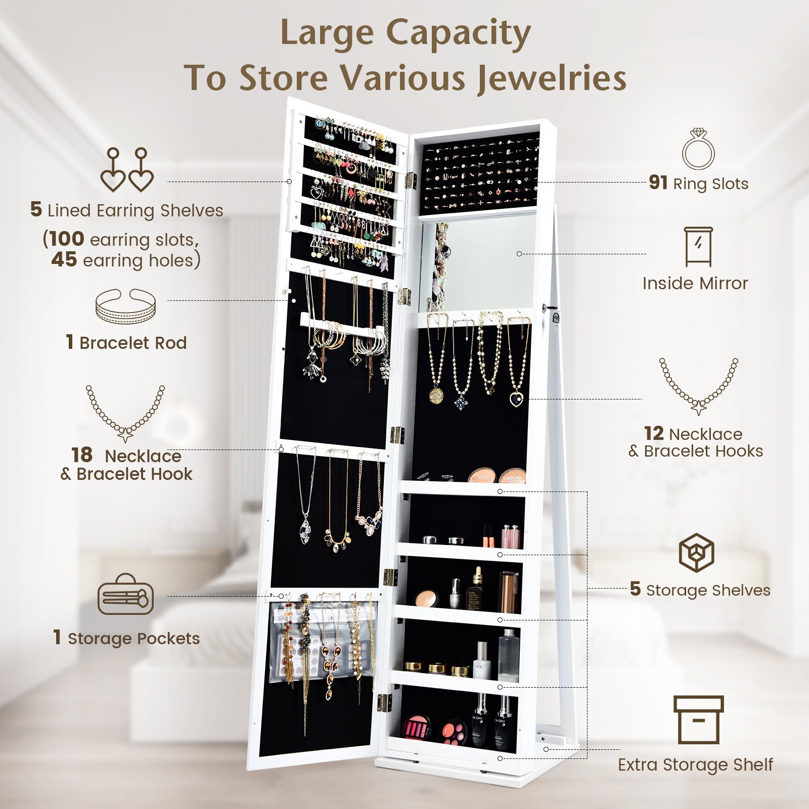 Standing Lockable Jewelry Storage Organizer with Full-Length Mirror-White