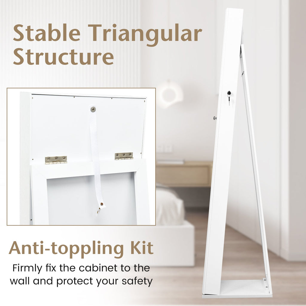 Standing Lockable Jewelry Storage Organizer with Full-Length Mirror-White