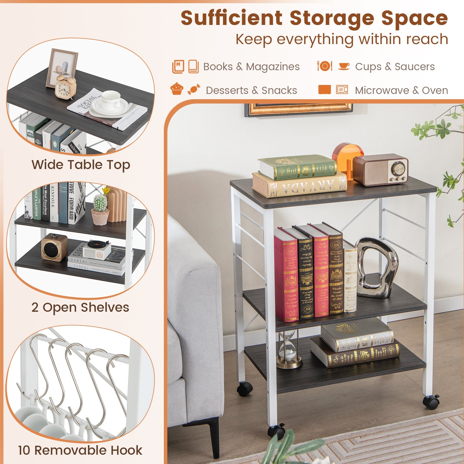 3-Tier Kitchen Baker's Rack Microwave Oven Storage Cart with Hooks-Deep Brown