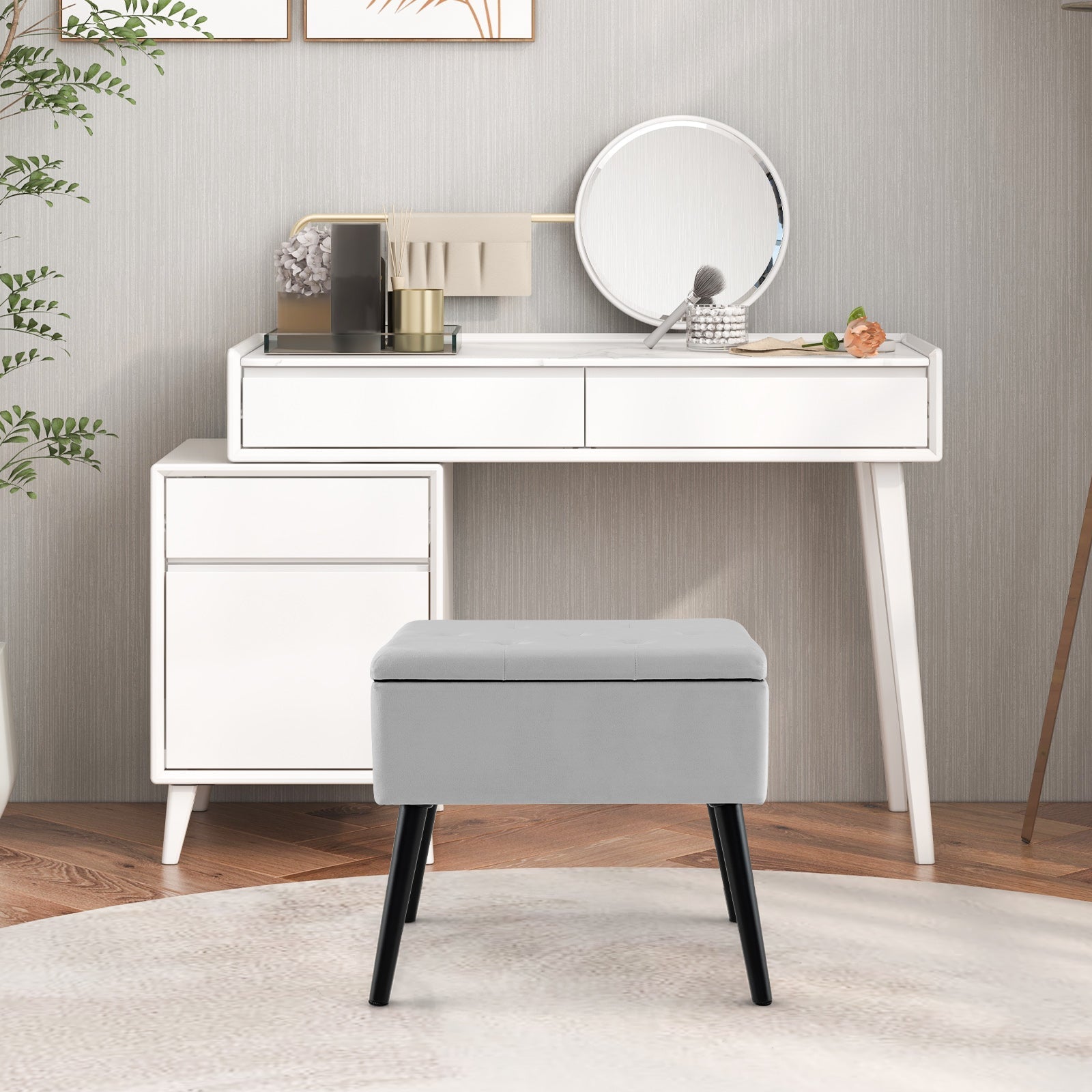 Velvet Storage Ottoman with Solid Wood Legs for Living Room Bedroom-Gray
