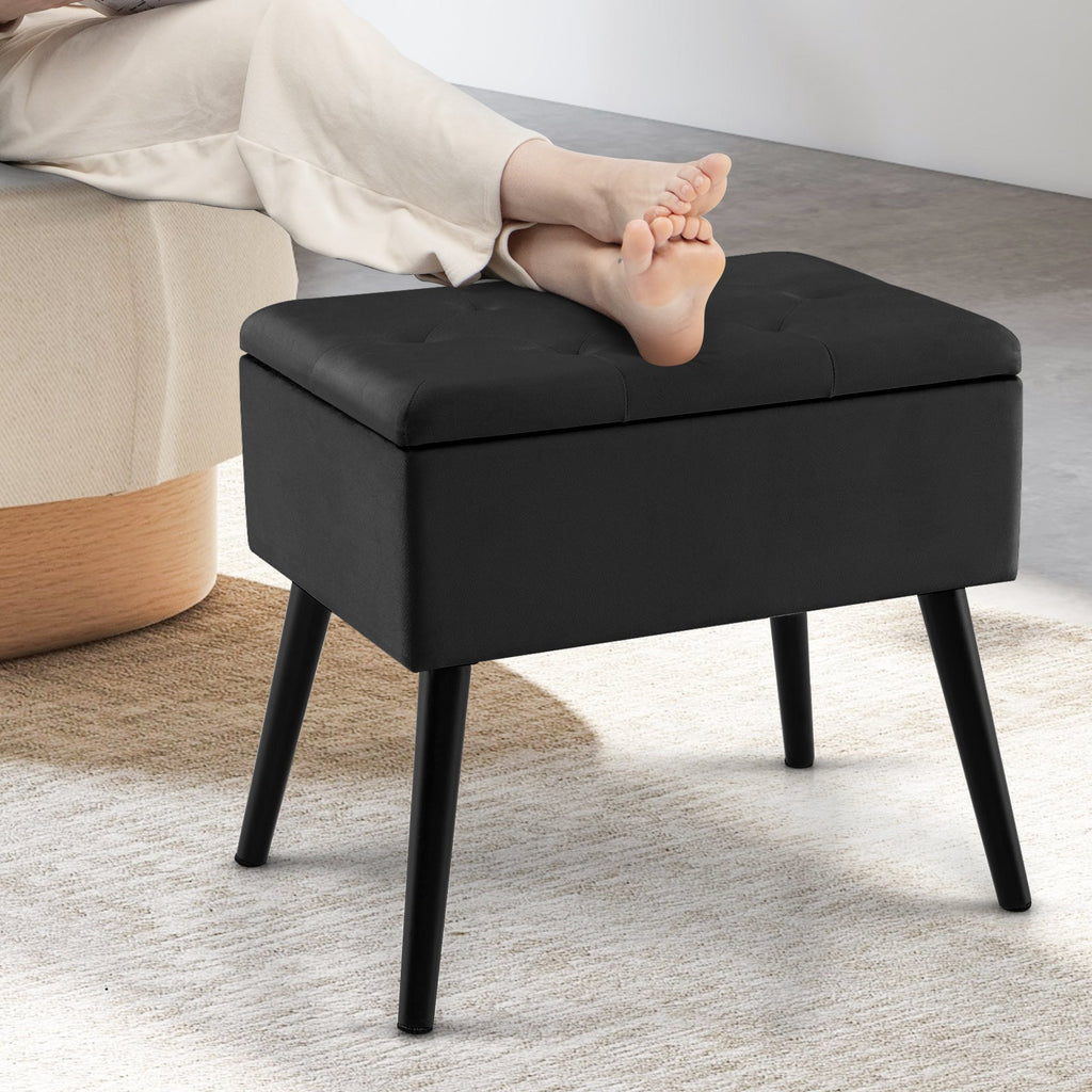 Velvet Storage Ottoman with Solid Wood Legs for Living Room Bedroom-Black