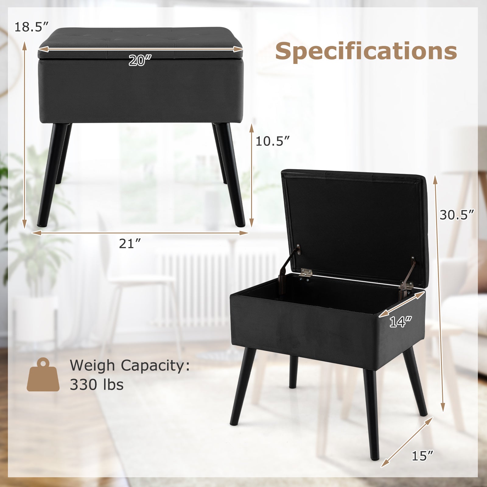 Velvet Storage Ottoman with Solid Wood Legs for Living Room Bedroom-Black