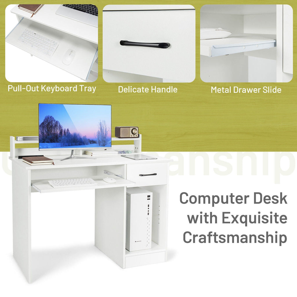 Study Laptop Table with Drawer and Keyboard Tray-White