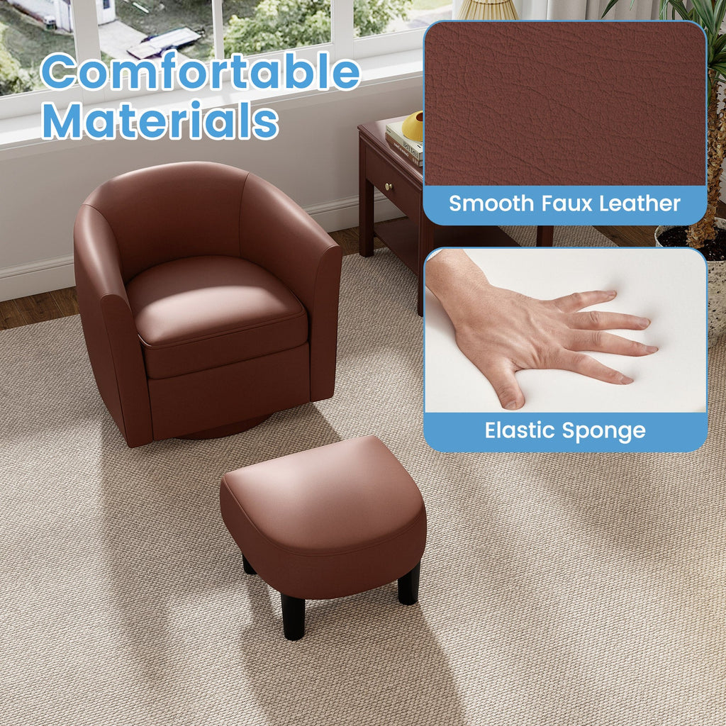 Modern Club Swivel Accent Chair with Ottoman Footrest Curved Backrest-Brown