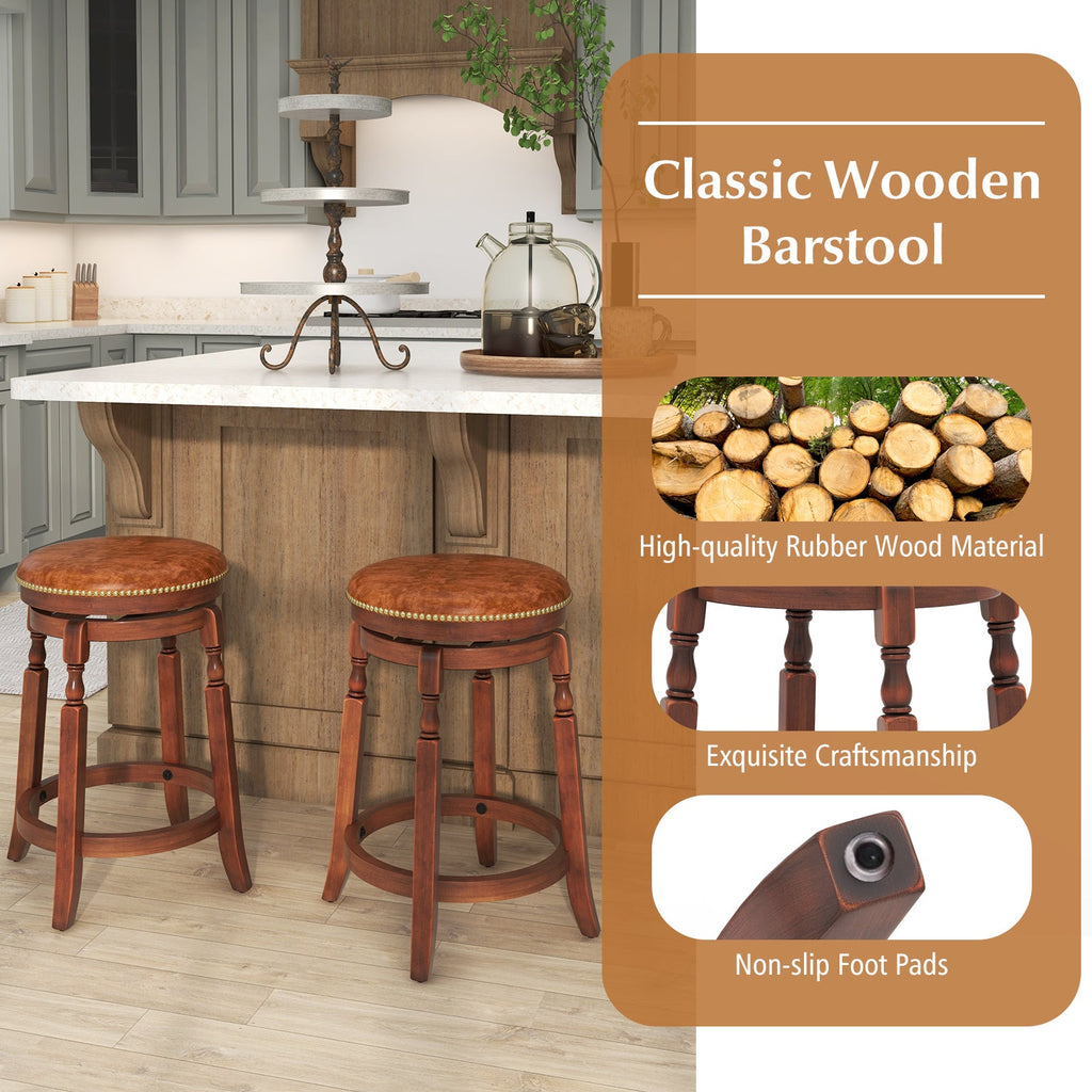 24 Inch Swivel Bar Stool Set of 2 with Upholstered Seat and Rubber Wood Frame-24 inches
