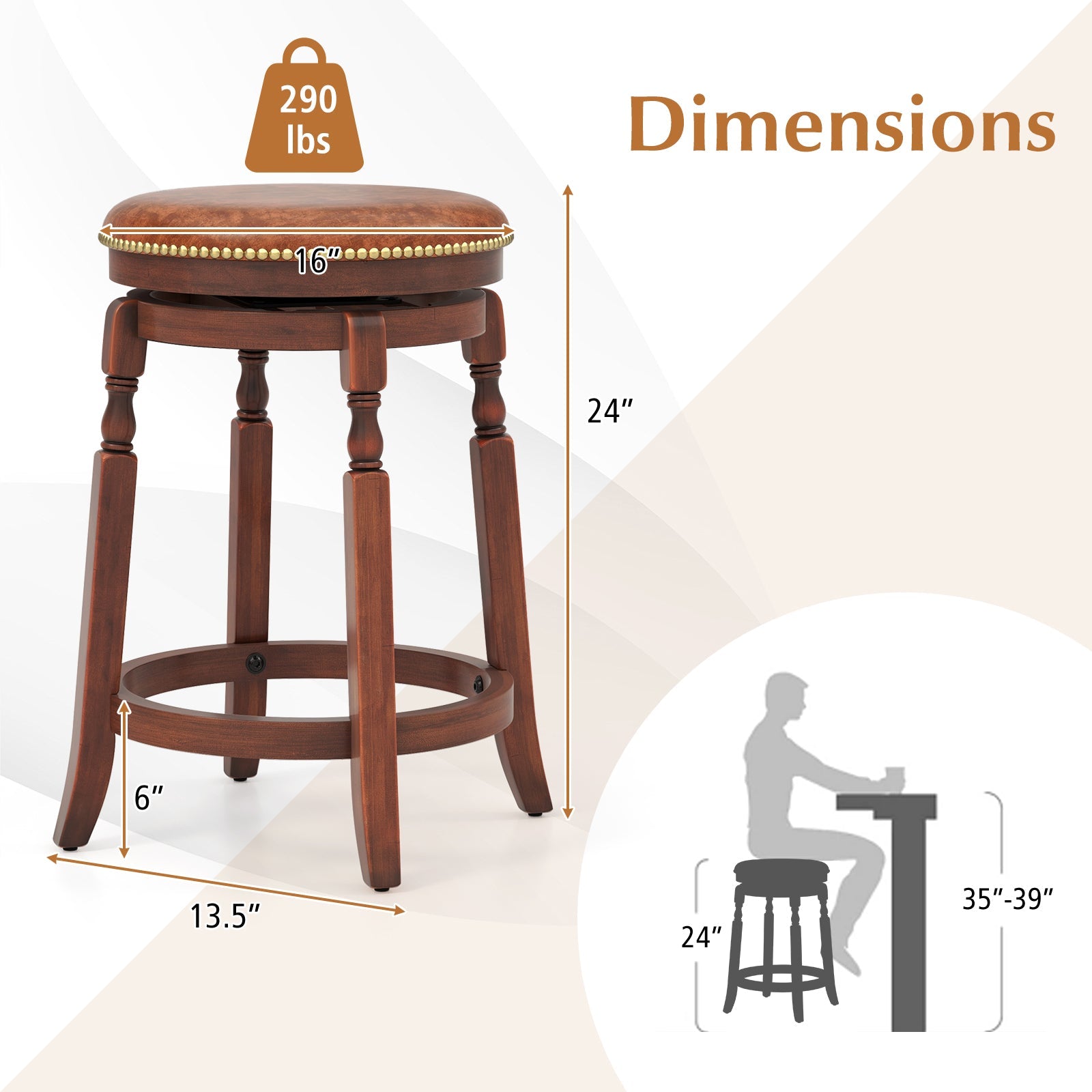 24 Inch Swivel Bar Stool Set of 2 with Upholstered Seat and Rubber Wood Frame-24 inches