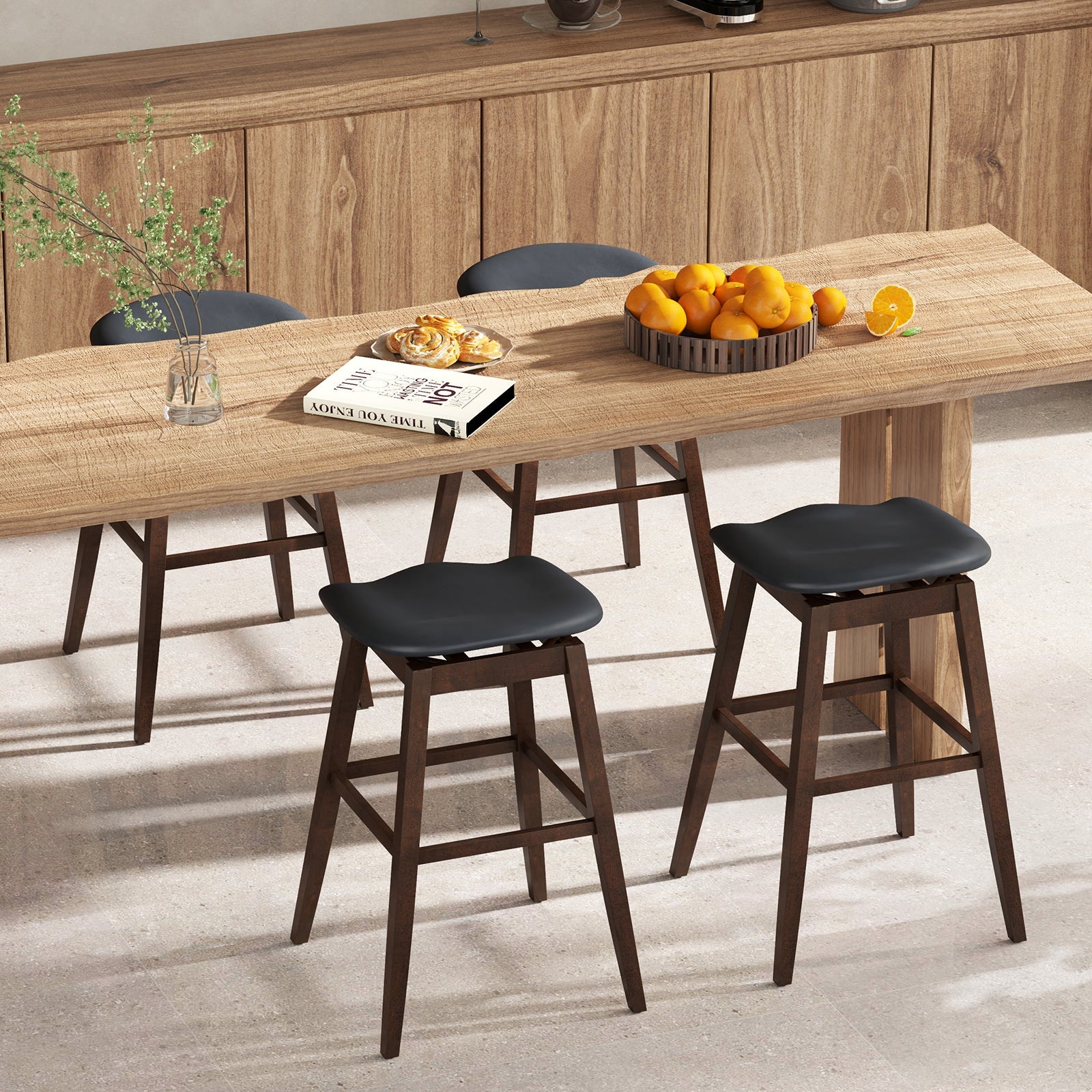 Swivel Bar Stools Set of 2 with Padded Contoured Seat and Footrest-Black & Brown
