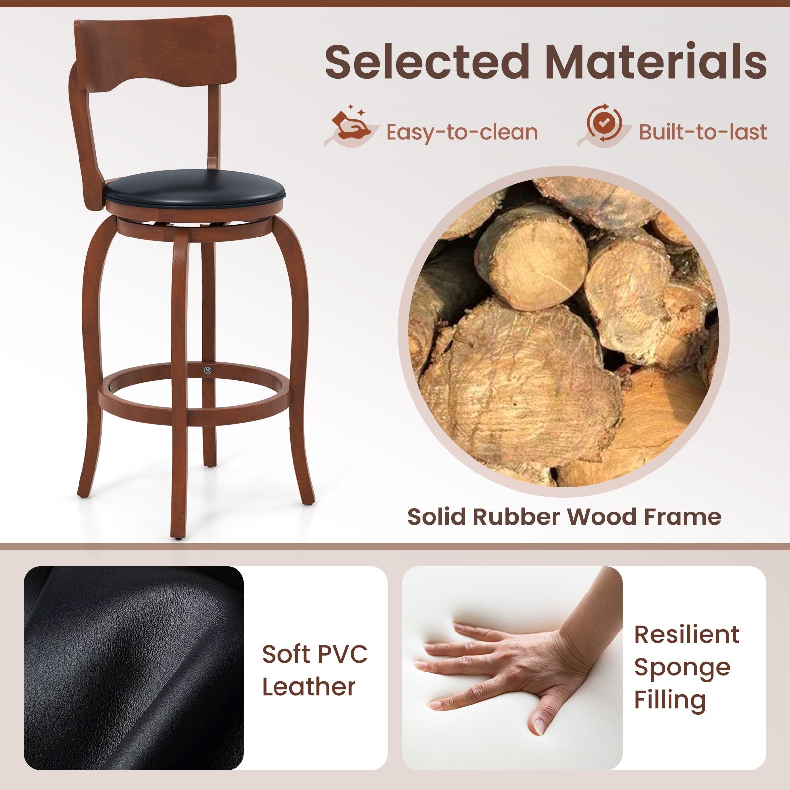 Swivel Bar Stools Set of 2 with Rubber Wood Frame and Upholstered Seat-29 Inch