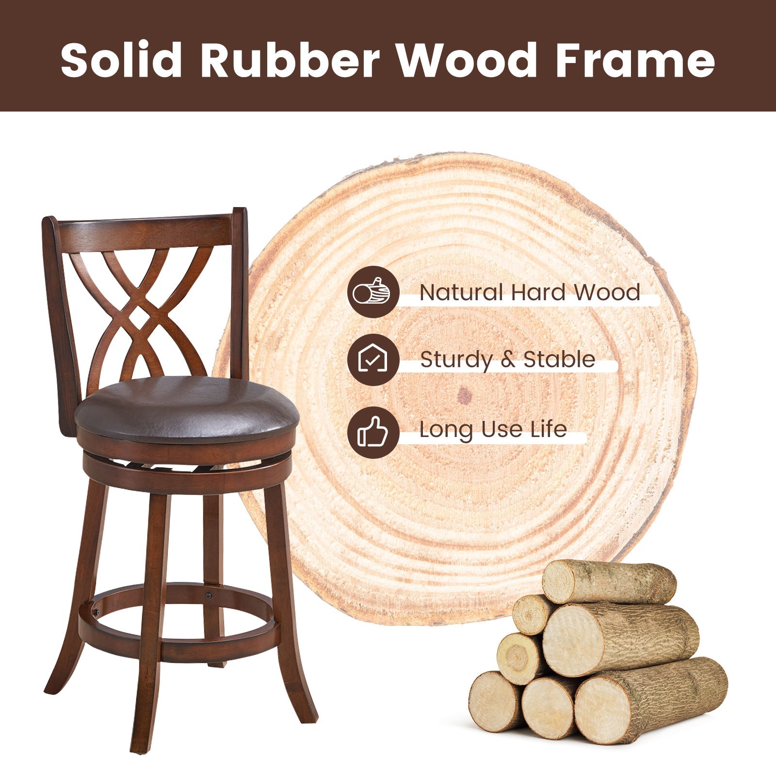 360° Swivel Counter Height Chairs with PU Leather Cushioned Seat and Footrests-26 inches