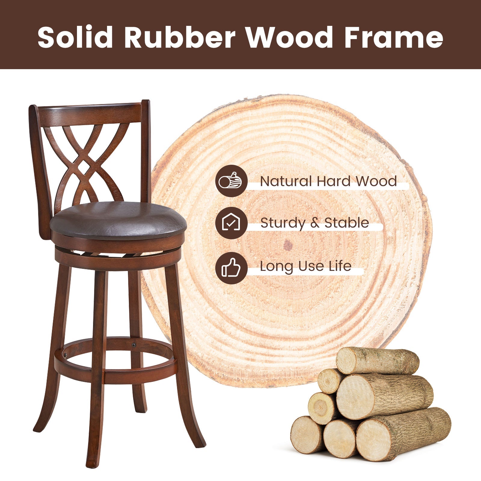 360° Swivel Counter Height Chairs with PU Leather Cushioned Seat and Footrests-30 inches