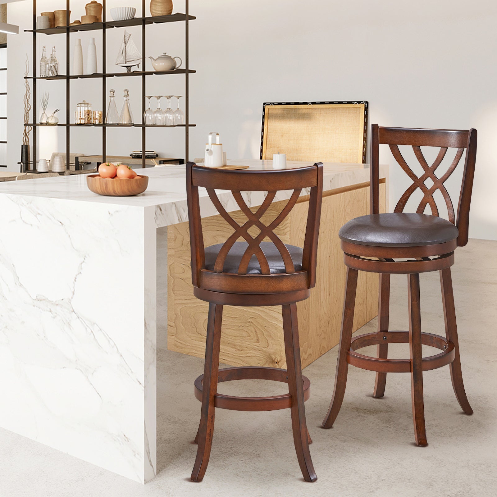 360° Swivel Counter Height Chairs with PU Leather Cushioned Seat and Footrests-30 inches