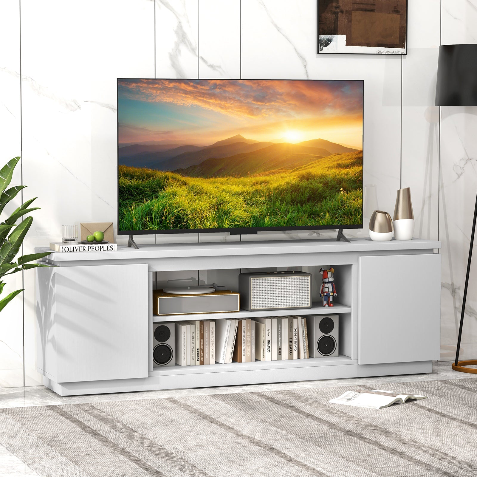 TV Cabinet with 3 Adjustable Shelves and Anti-Tipping Kits for TVs up to 80 Inch-White