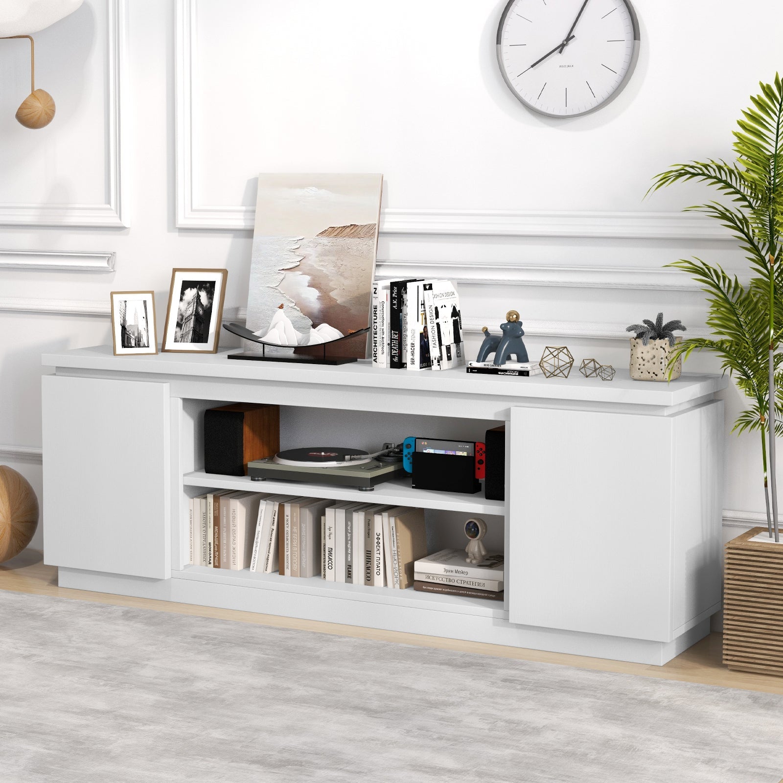 TV Cabinet with 3 Adjustable Shelves and Anti-Tipping Kits for TVs up to 80 Inch-White