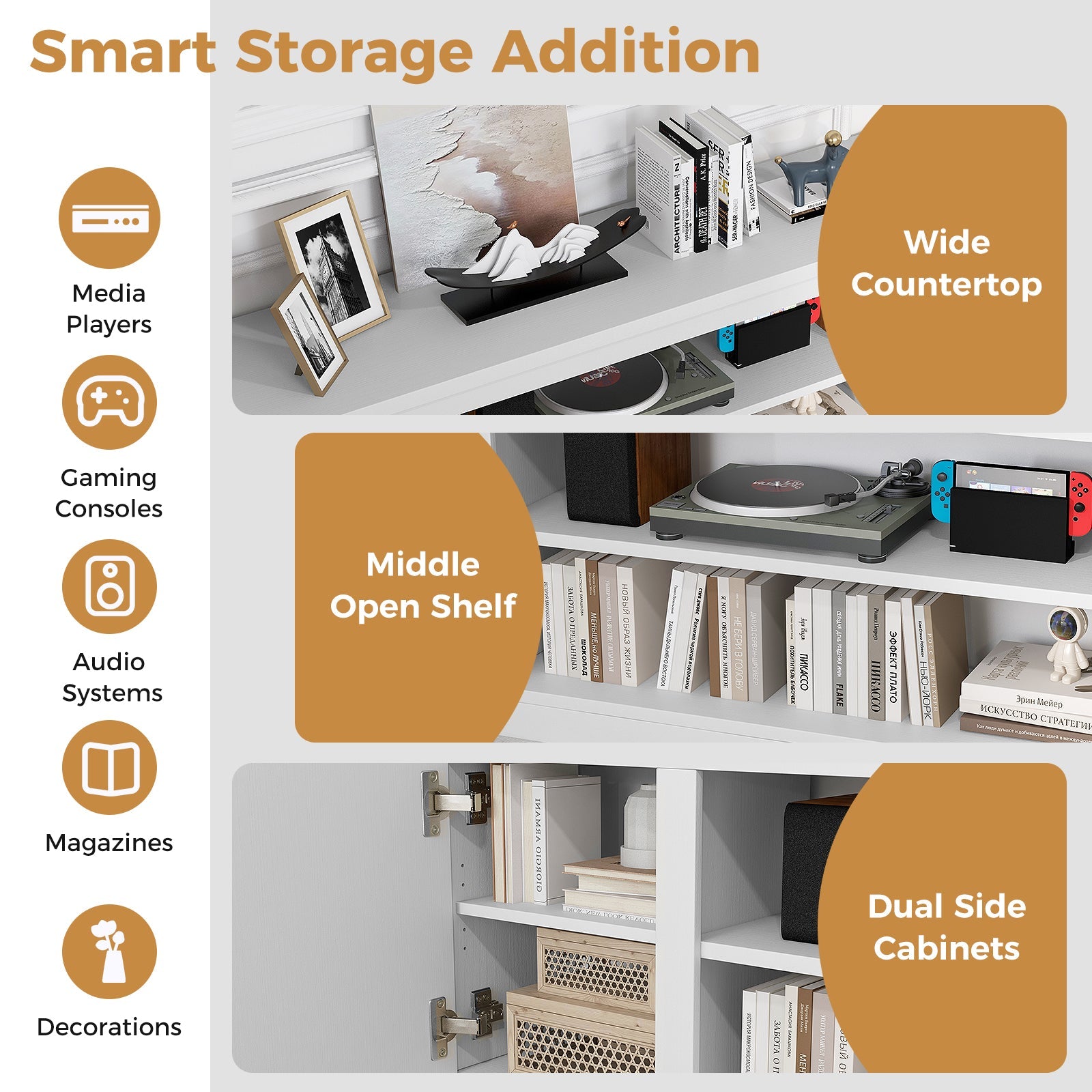 TV Cabinet with 3 Adjustable Shelves and Anti-Tipping Kits for TVs up to 80 Inch-White
