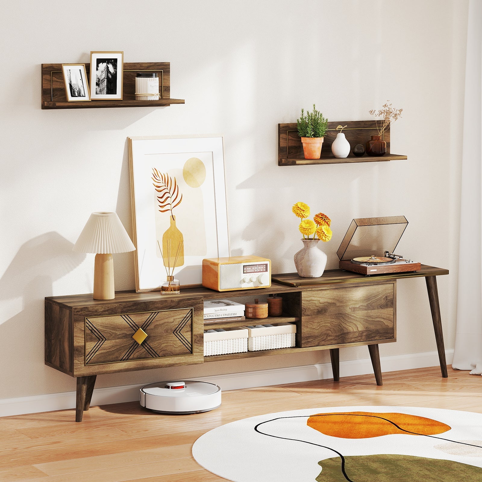 Mid-century Modern TV Stand for TVs up to 85 Inch with Open Compartments-Walnut