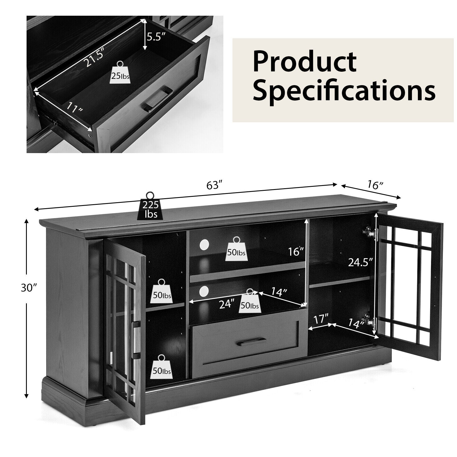 TV Stand for TVs up to 70  with Glass Doors Cubbies and Drawer-Black
