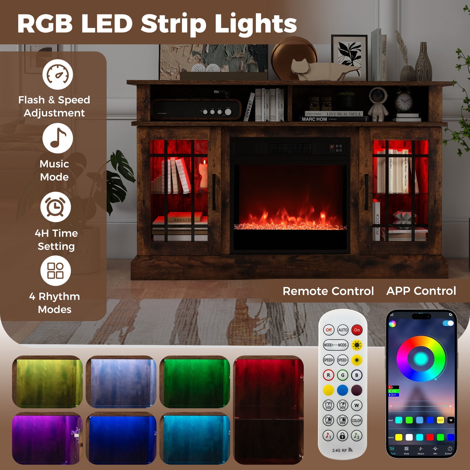 TV Stand with Electric Fireplace LED Lights and Remote Controls for TVs Up to 40 Inch-Rustic Brown