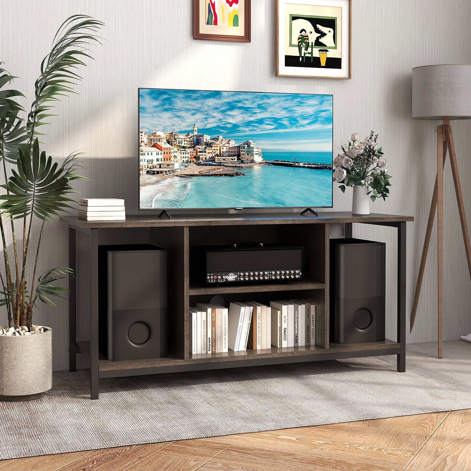 3-Tier TV Stand with Power Outlet USB and Adjustable Shelf-Gray