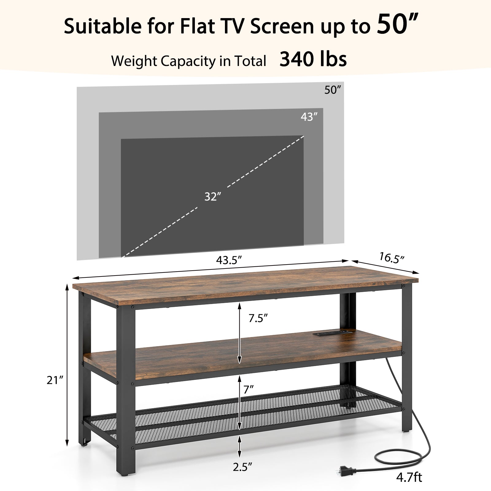 Industrial TV Stand up to 50 Inches with Power Outlets and USB Ports-Rustic Brown