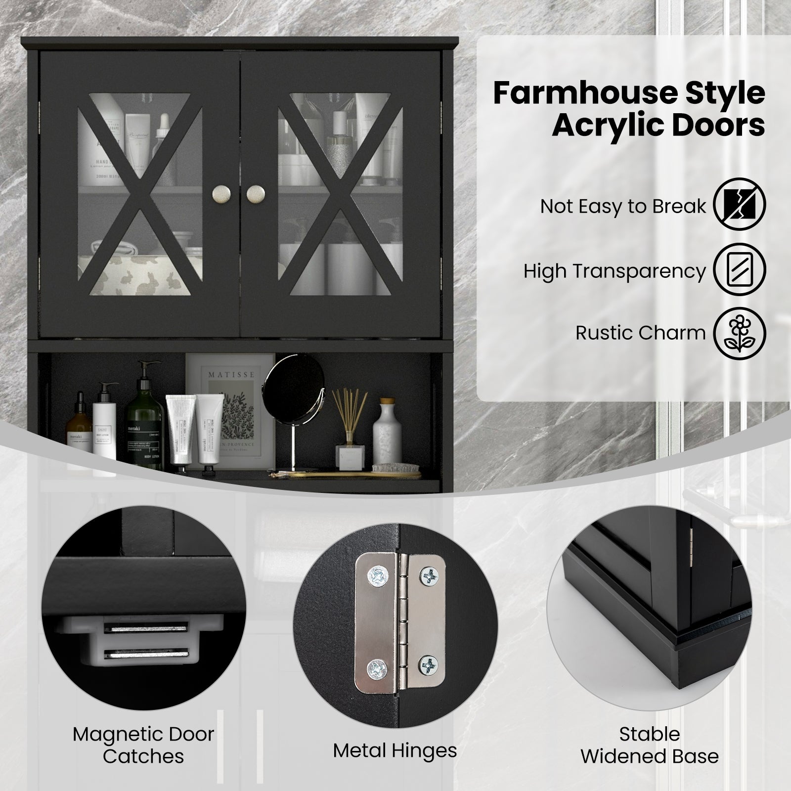 Tall Bathroom Cabinet Large Floor Storage Cabinet with Acrylic Doors and 3 Cubes-Black