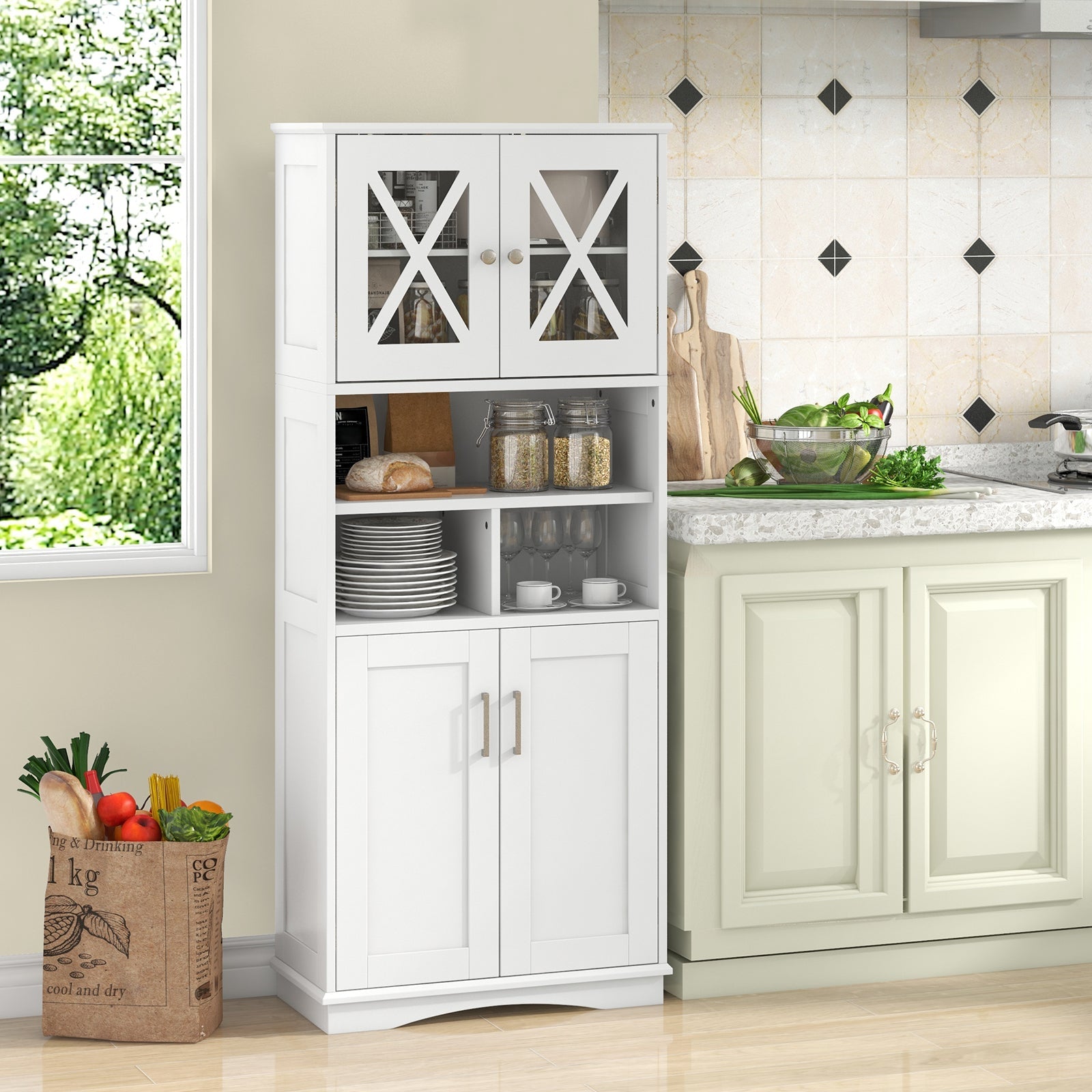 Tall Bathroom Cabinet Large Floor Storage Cabinet with Acrylic Doors and 3 Cubes-White