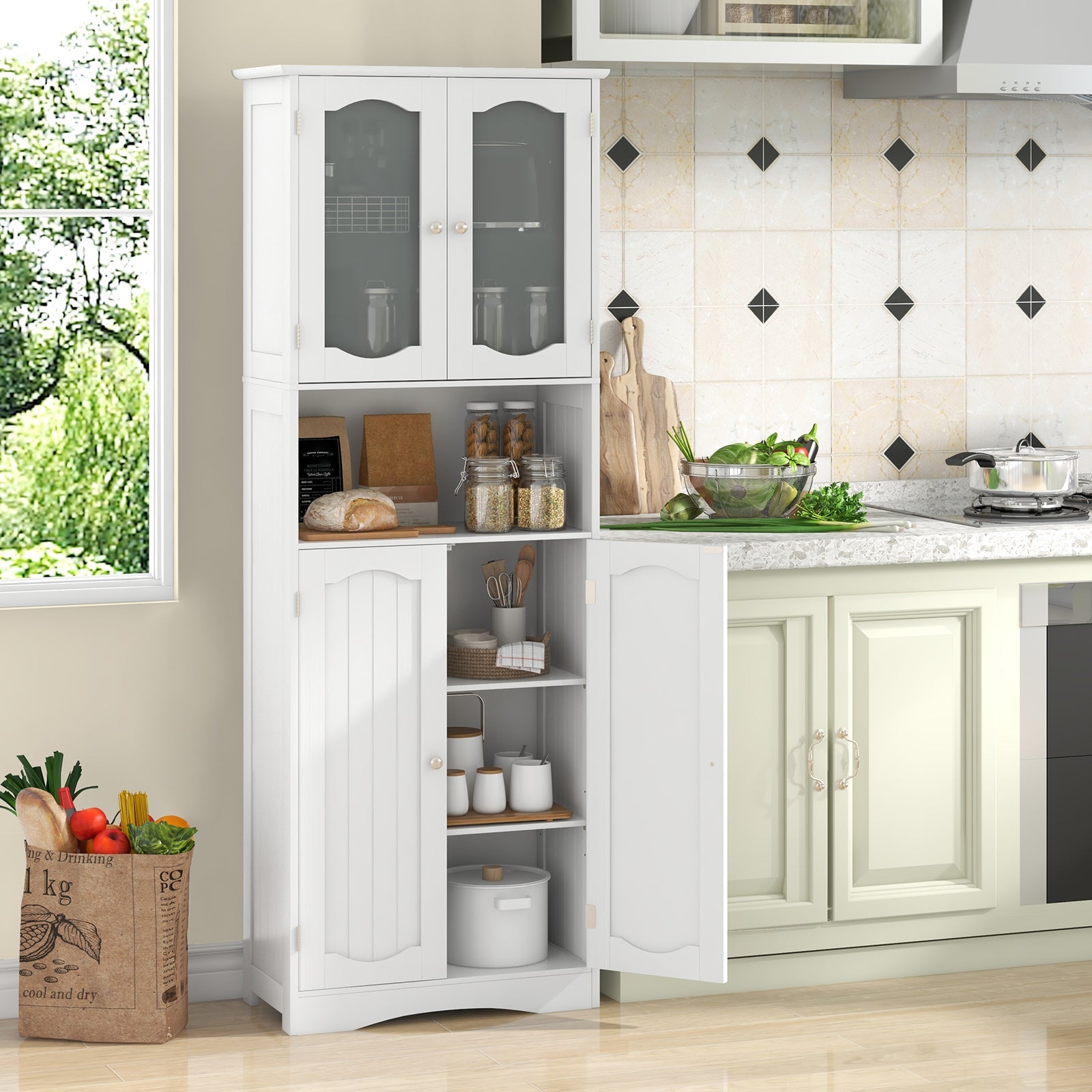 64.5 Inches Tall Bathroom Storage Cabinet with Frost Glass Doors and Shelves-White