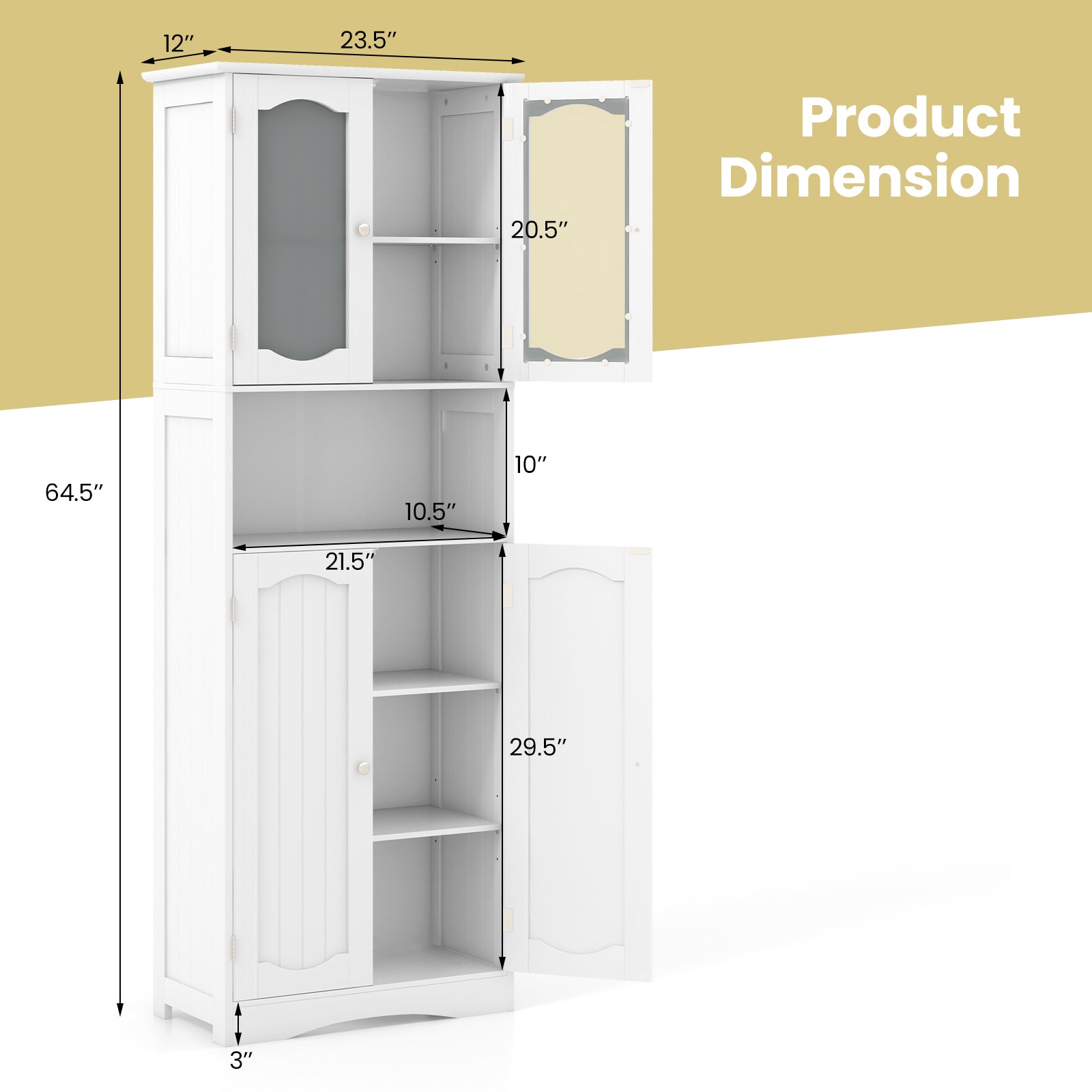 64.5 Inches Tall Bathroom Storage Cabinet with Frost Glass Doors and Shelves-White