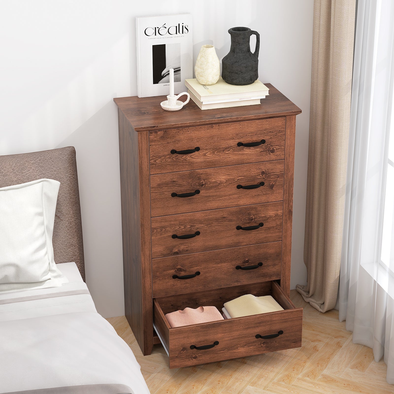 Tall Storage Dresser with 5 Pull-out Drawers for Bedroom Living Room-Walnut