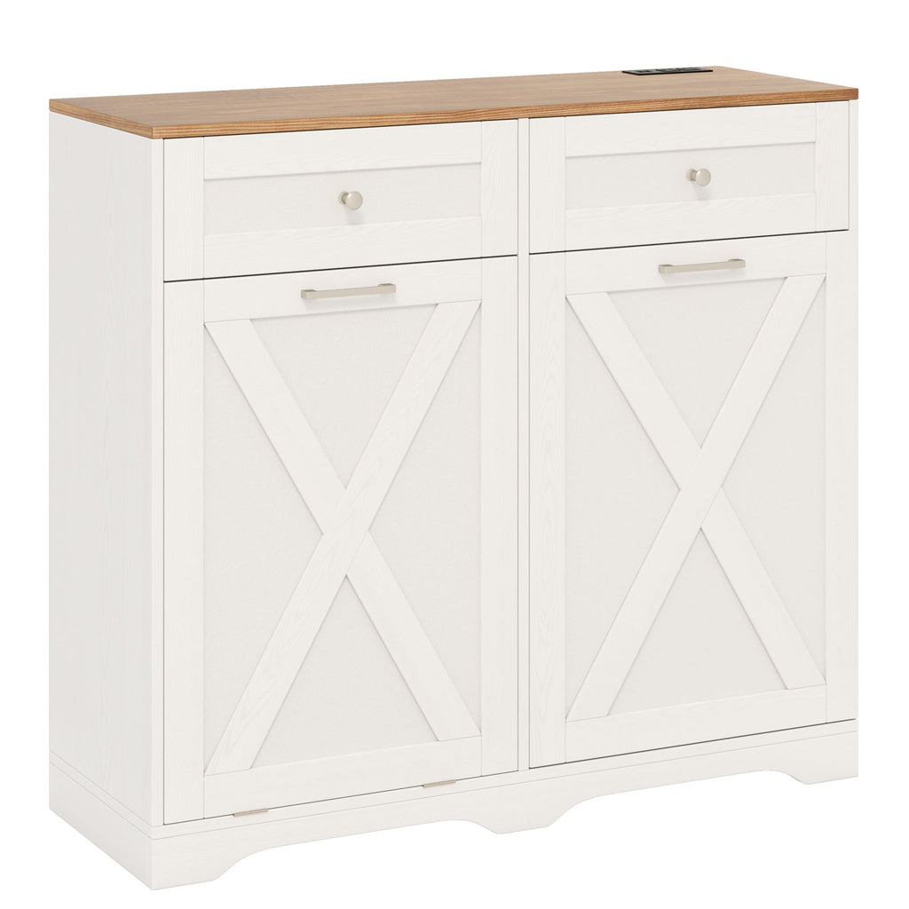 Tilt Out Trash Can Cabinet with Outlets and Adjustable Shelf-White