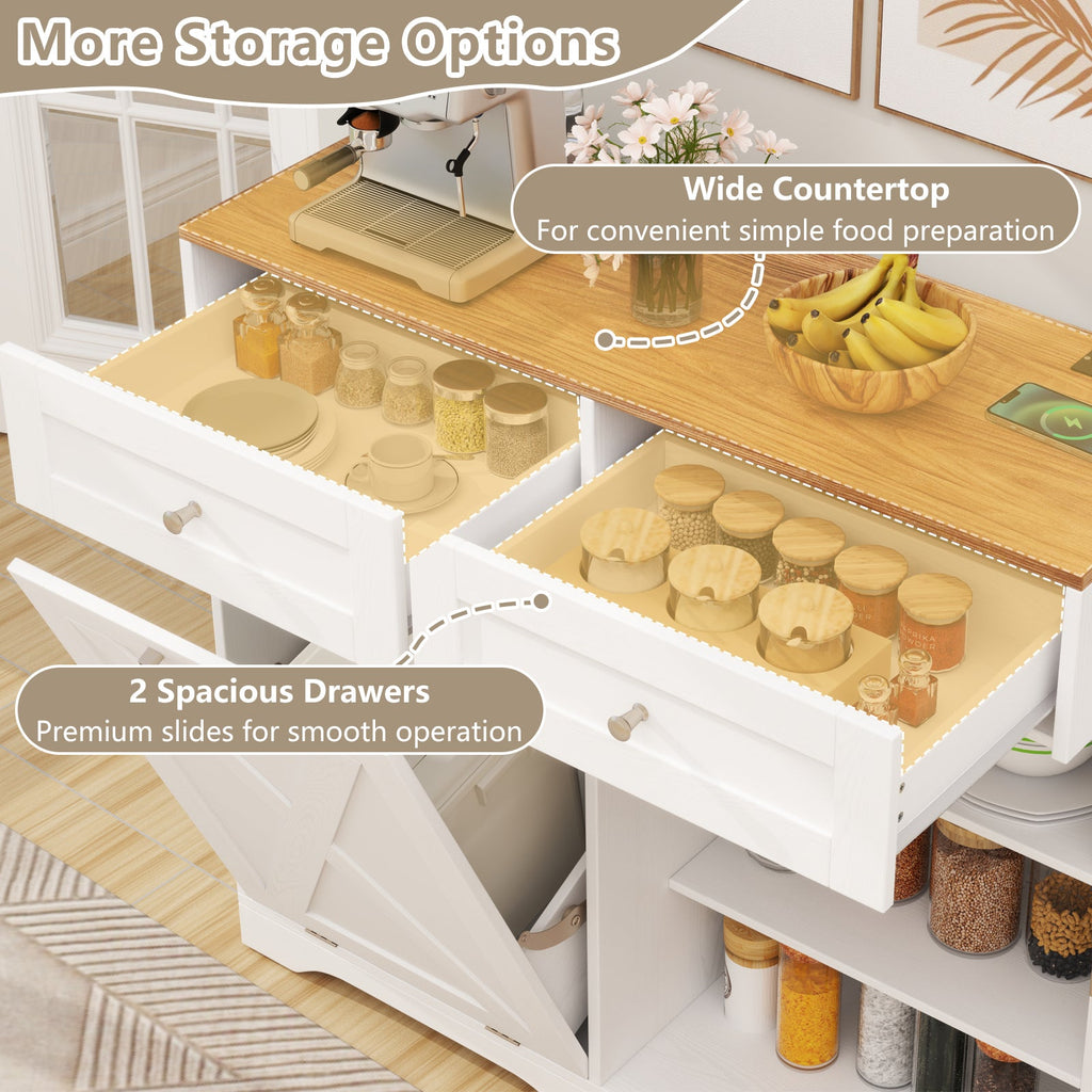 Tilt Out Trash Can Cabinet with Outlets and Adjustable Shelf-White