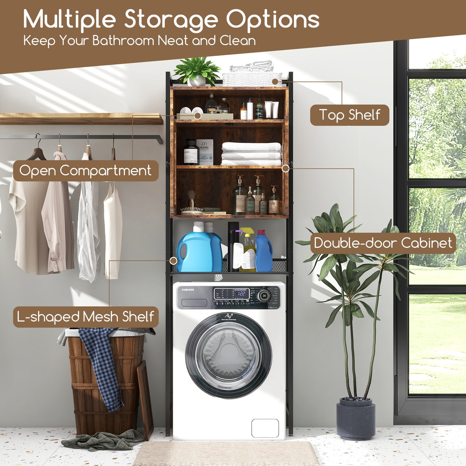 Over-The-Toilet Storage Cabinet with Heavy-Duty Metal Frame 2-door Freestanding-Rustic Brown