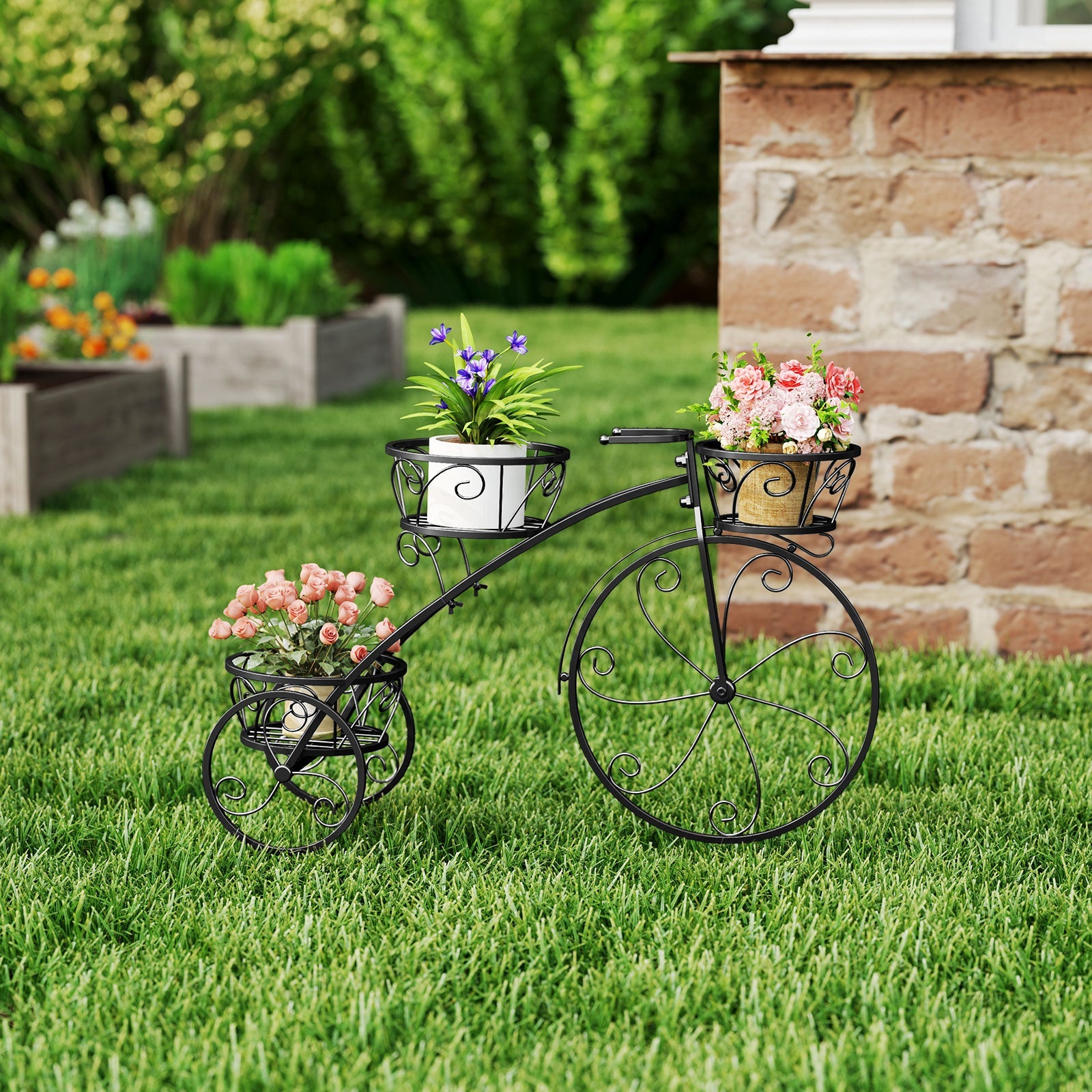 Tricycle Plant Stand Flower Pot Cart Holder with 3 Hollowed Baskets-Black