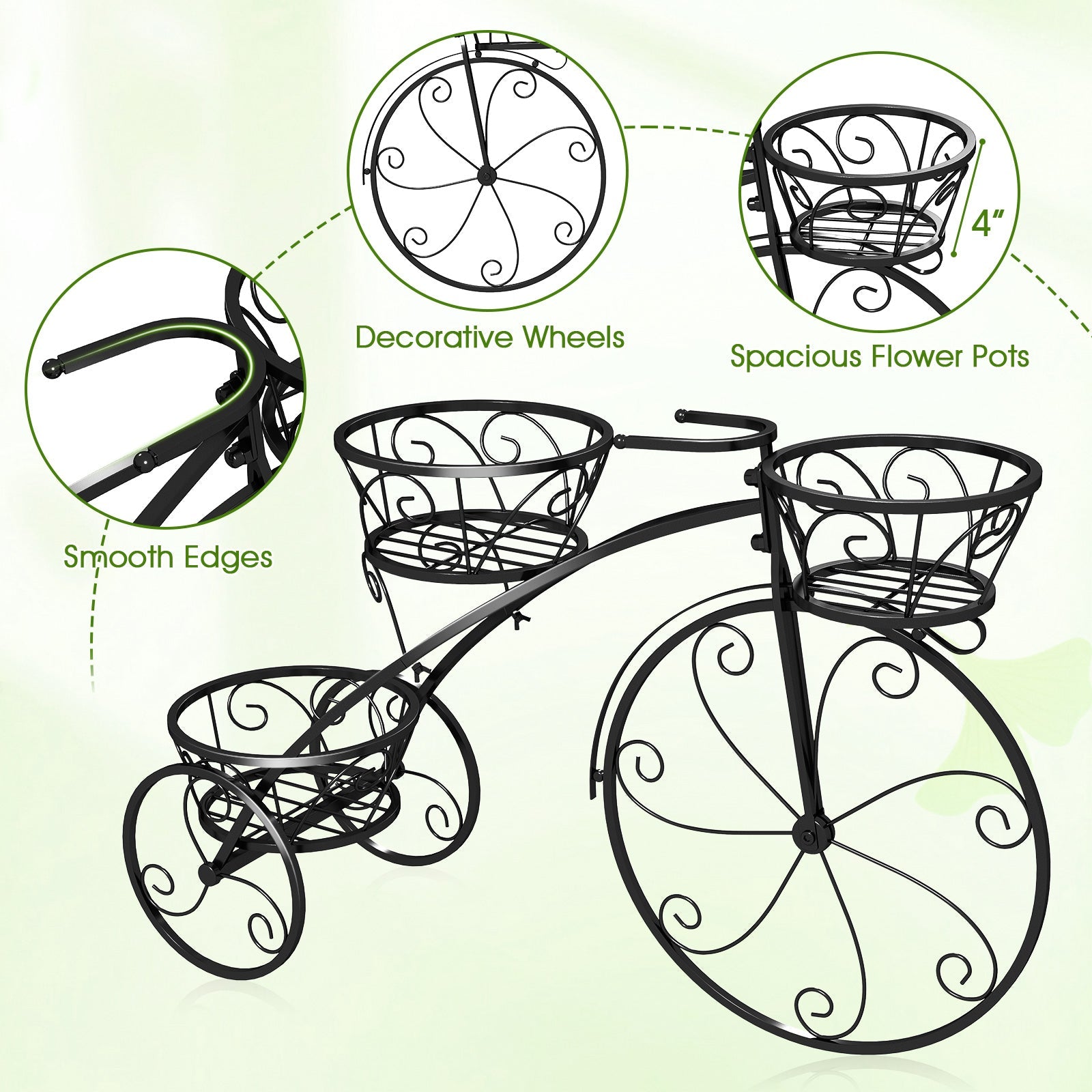 Tricycle Plant Stand Flower Pot Cart Holder with 3 Hollowed Baskets-Black