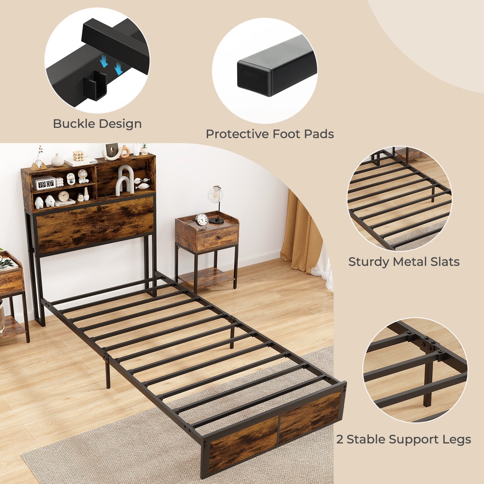 Twin/Full/Queen/King Size Bed Frame with Storage Headboard Industrial Metal Platform Bed-Twin Size