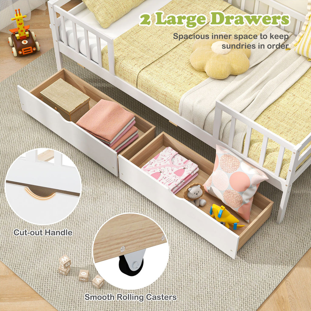 Twin Daybed with Fence and 2 Drawers Kids Bed for Boys & Girls-White