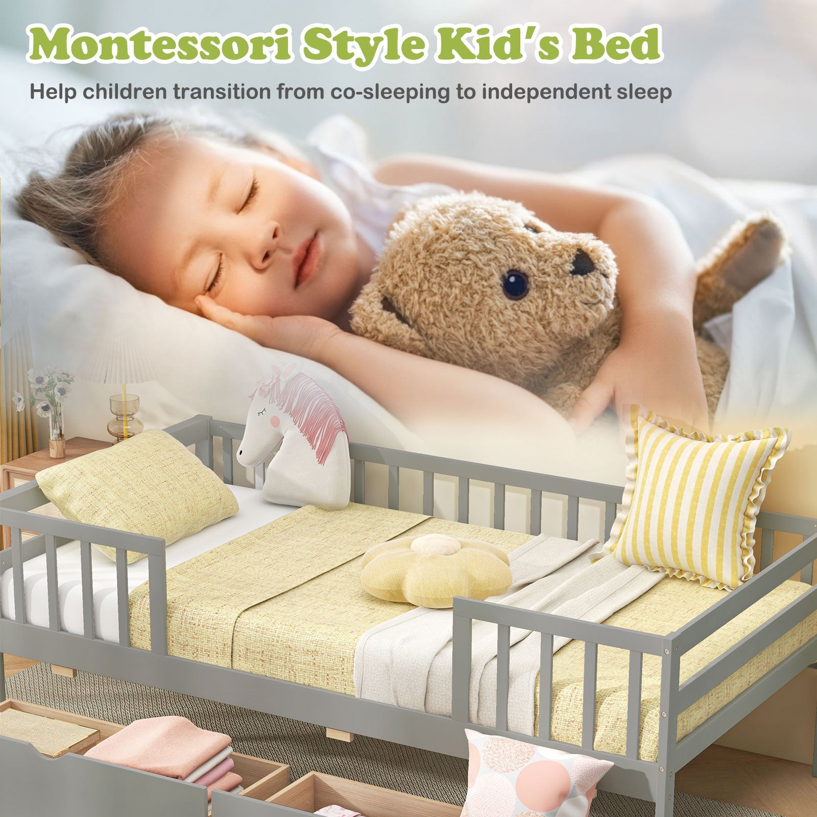 Twin Daybed with Fence and 2 Drawers Kids Bed for Boys & Girls-Gray